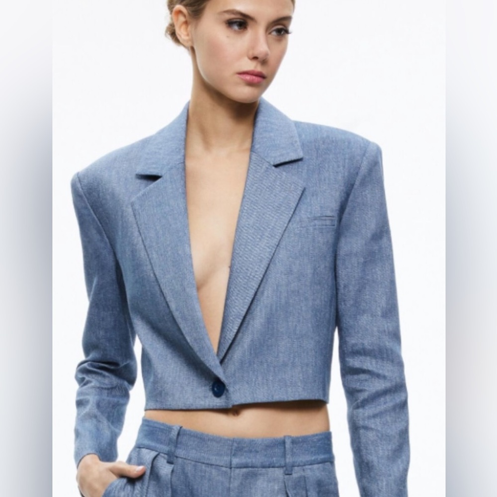 Alice and Olivia Chambray Cropped Blazer